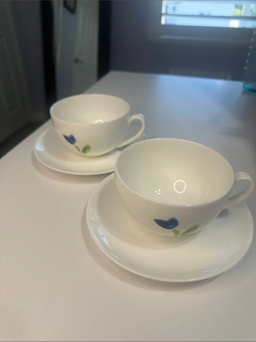 Crate&Barrel Anna’s Artistry Blue Flower Bone China Teacup and Saucer Set of Two